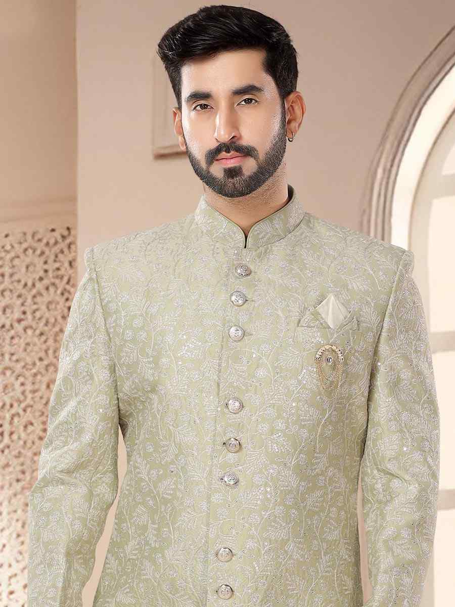 Light Pista Malai Silk Woven Festival Wedding Kurta