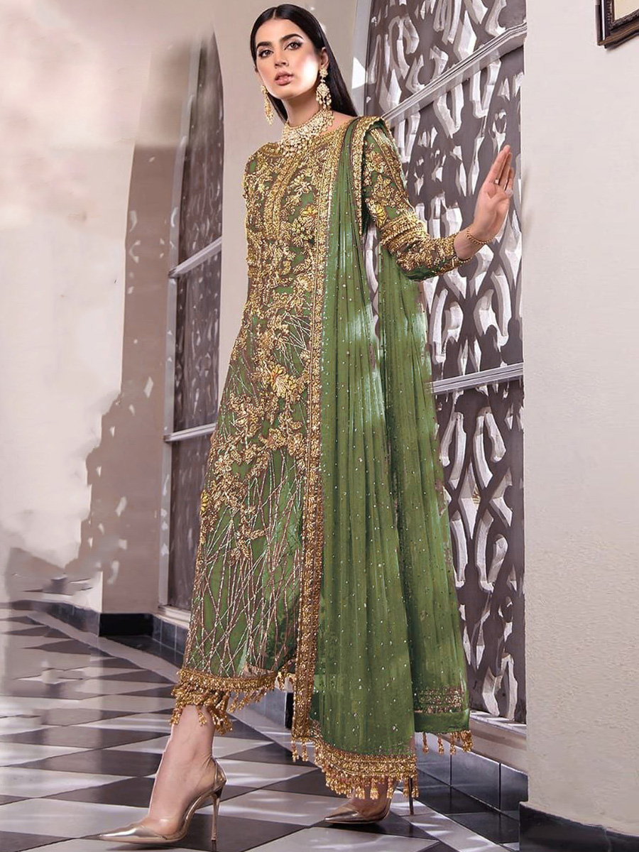 Light Pista Net Embroidered Festival Party Pant Salwar Kameez