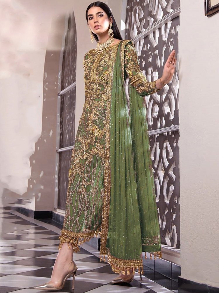 Light Pista Net Embroidered Festival Party Pant Salwar Kameez