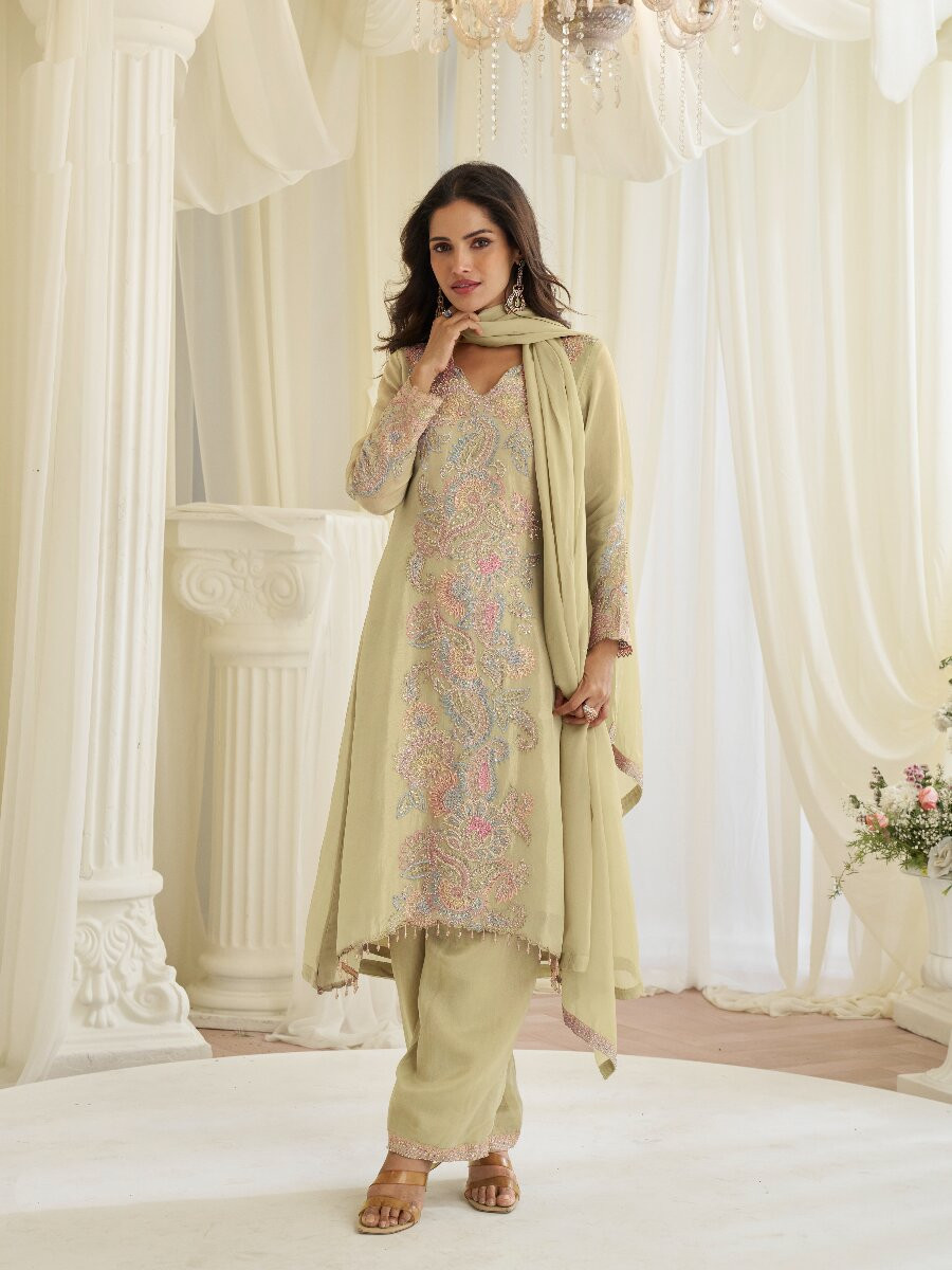Light Pista Premium Simar Silk Embroidery Sequins Wedding Party Festival Casual Ready Palazzo Pant Salwar Kameez