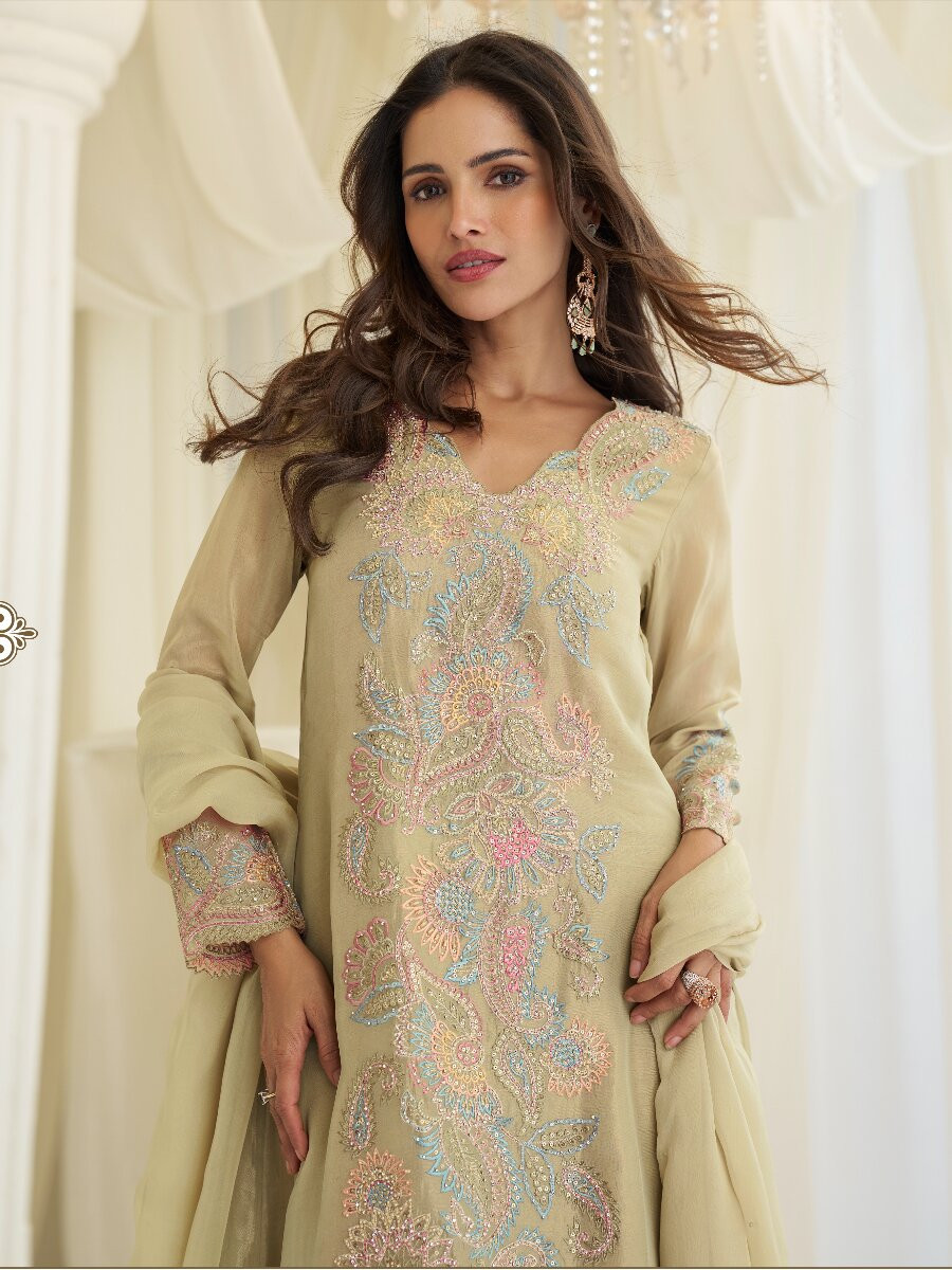 Light Pista Premium Simar Silk Embroidery Sequins Wedding Party Festival Casual Ready Palazzo Pant Salwar Kameez