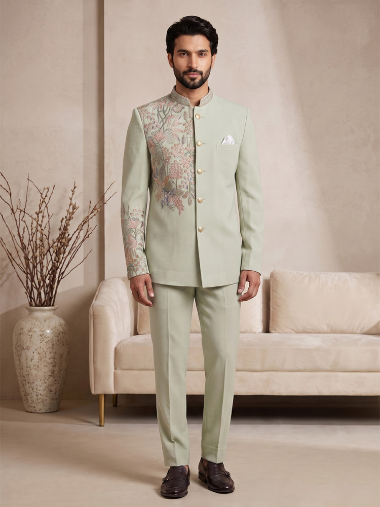 Image of Light Pista Pure Lachka Embroidery Wedding Party Festival Casual Groom Ready jodhpuri suit