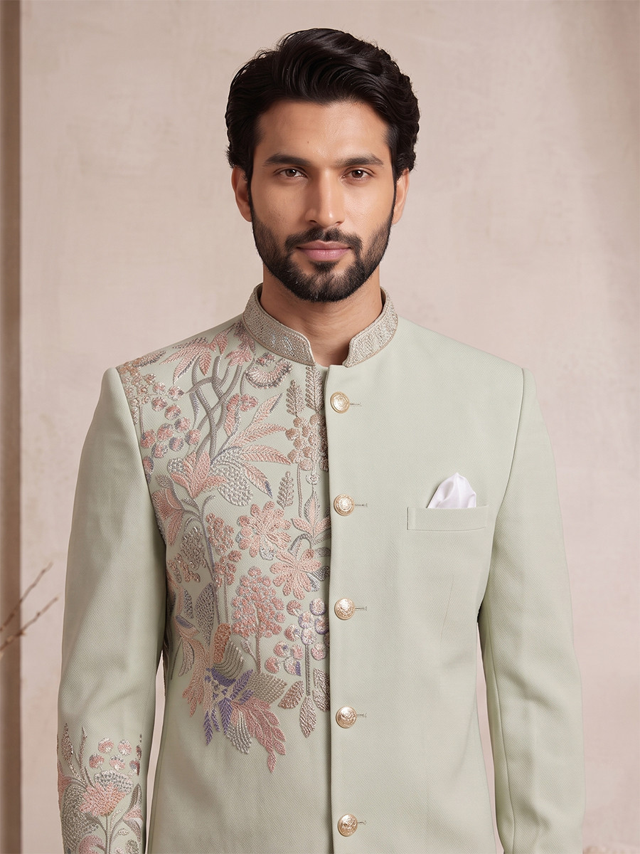 Light Pista Pure Lachka Embroidery Wedding Party Festival Casual Groom Ready jodhpuri suit