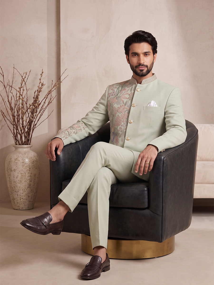 Light Pista Pure Lachka Embroidery Wedding Party Festival Casual Groom Ready jodhpuri suit