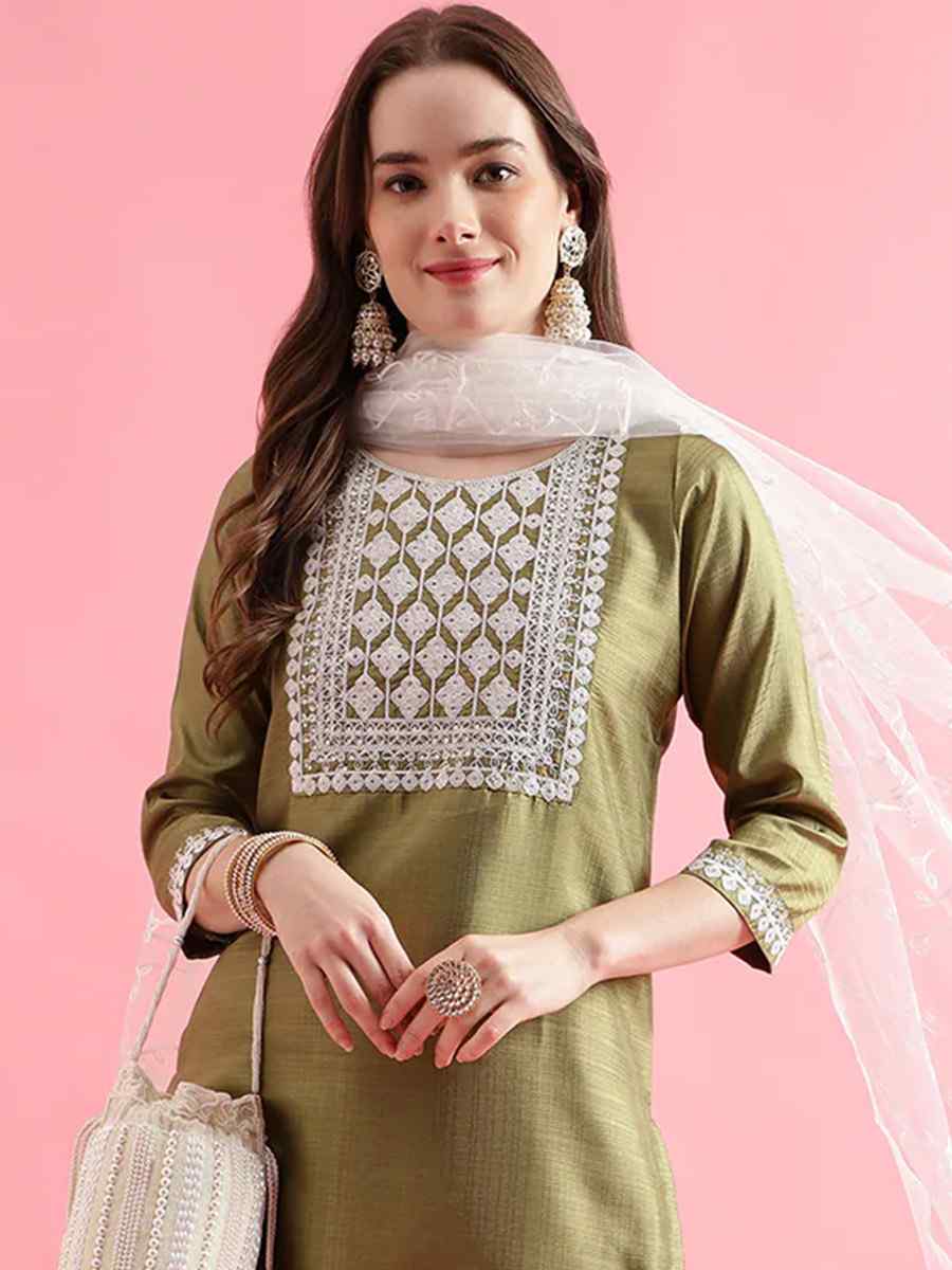 Light Pista Silk Blend Embroidered Festival Casual Ready Pant Salwar Kameez