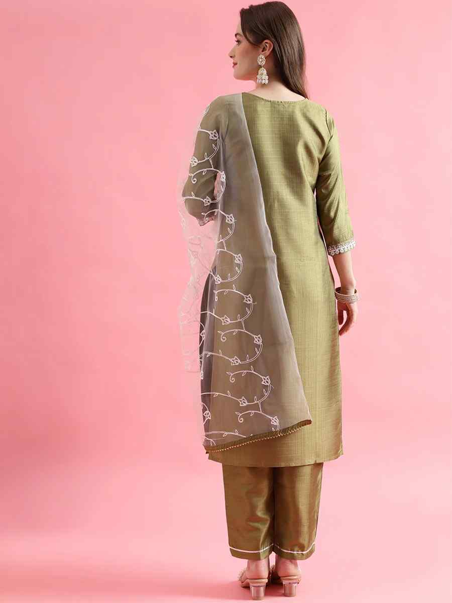 Light Pista Silk Blend Embroidered Festival Casual Ready Pant Salwar Kameez