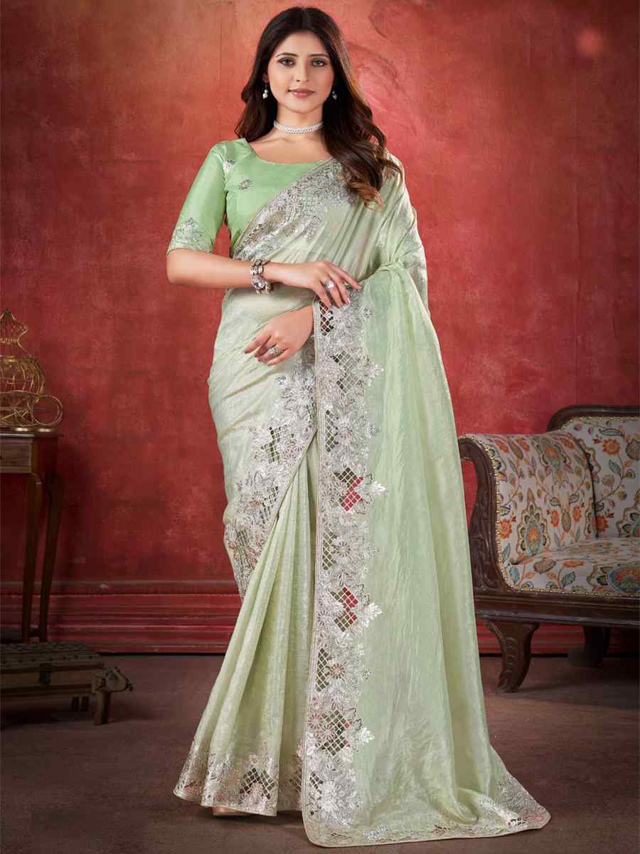 Light Pista Silk Handwoven Wedding Festival Heavy Border Saree