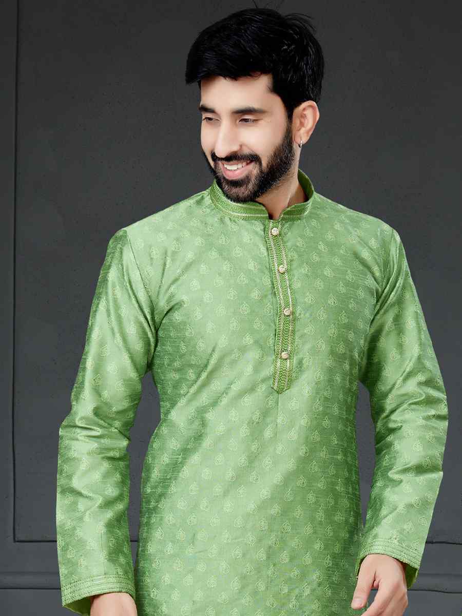 Light Pista Silk Woven Festival Kurta