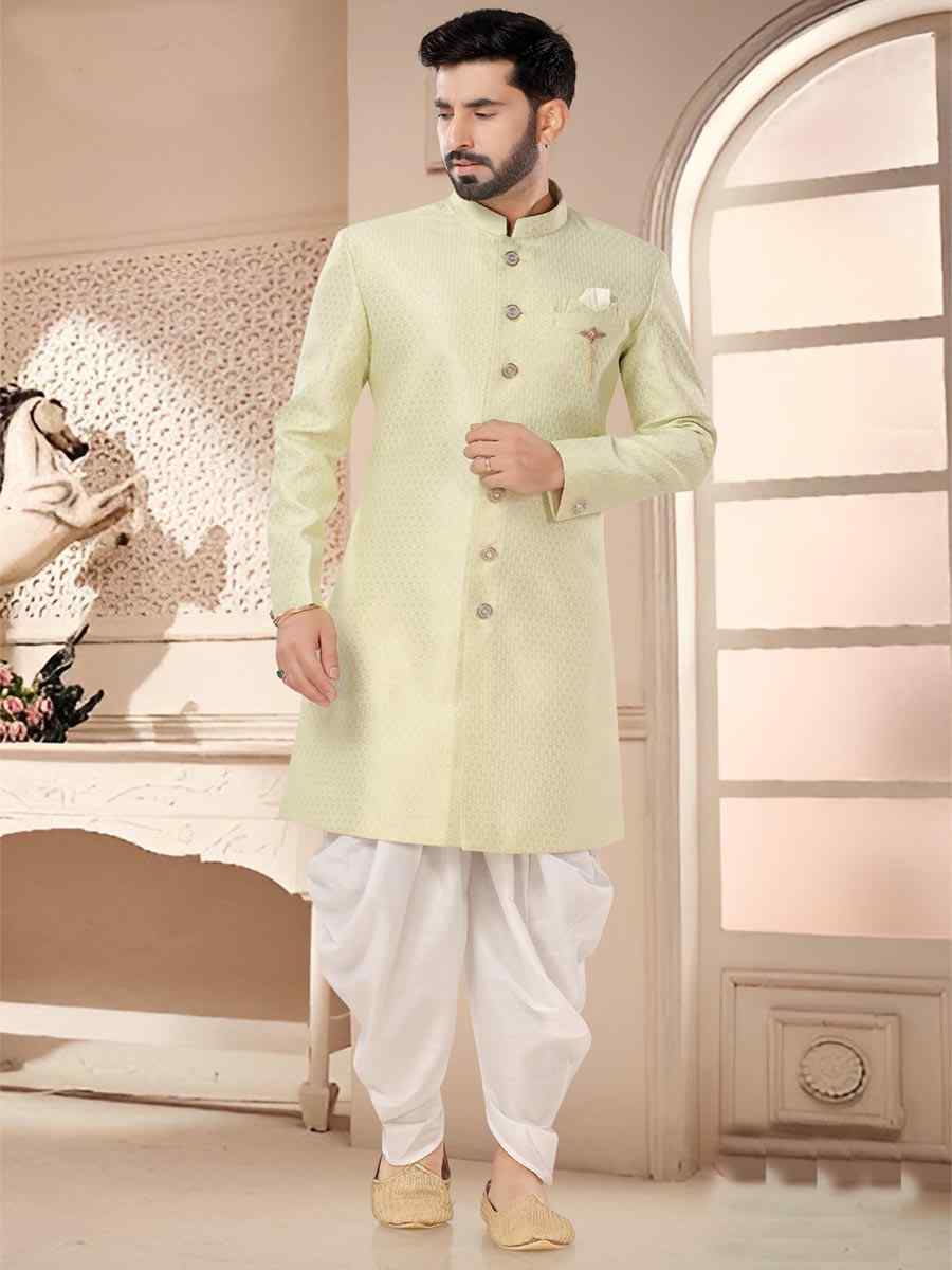 Light Pista Silk Woven Festival Wedding Kurta