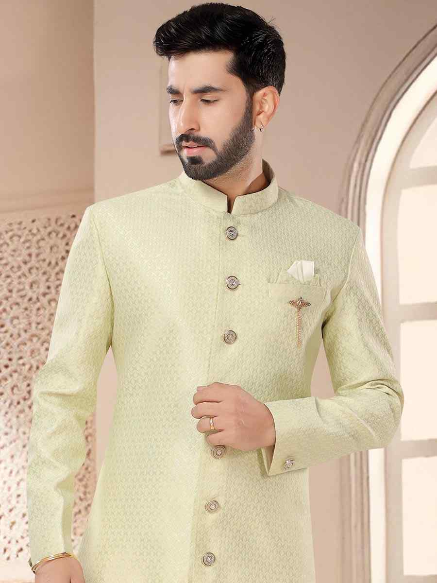 Light Pista Silk Woven Festival Wedding Kurta