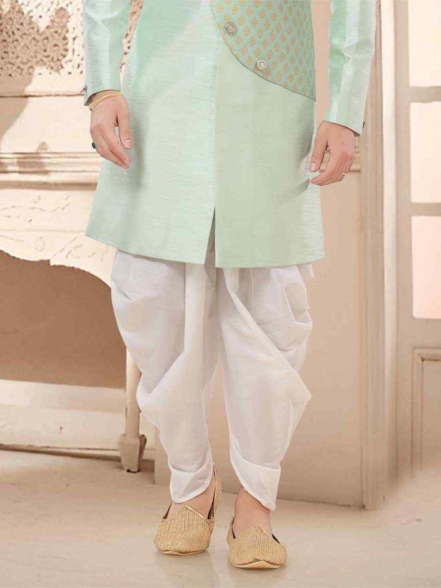 Light Pista Silk Woven Festival Wedding Kurta