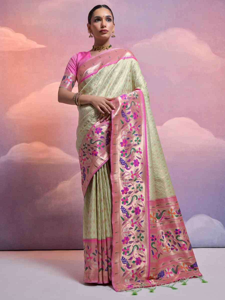 Light Pista Soft Banarasi Silk Kanjivaram Party Bridal Reception Festival Wedding Fancy Heavy Border Saree
