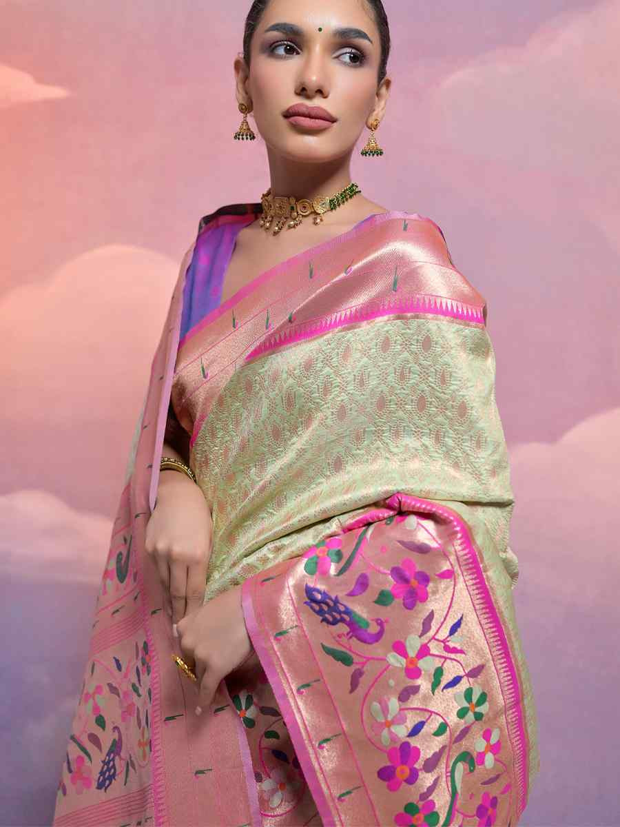 Light Pista Soft Banarasi Silk Kanjivaram Party Bridal Reception Festival Wedding Fancy Heavy Border Saree