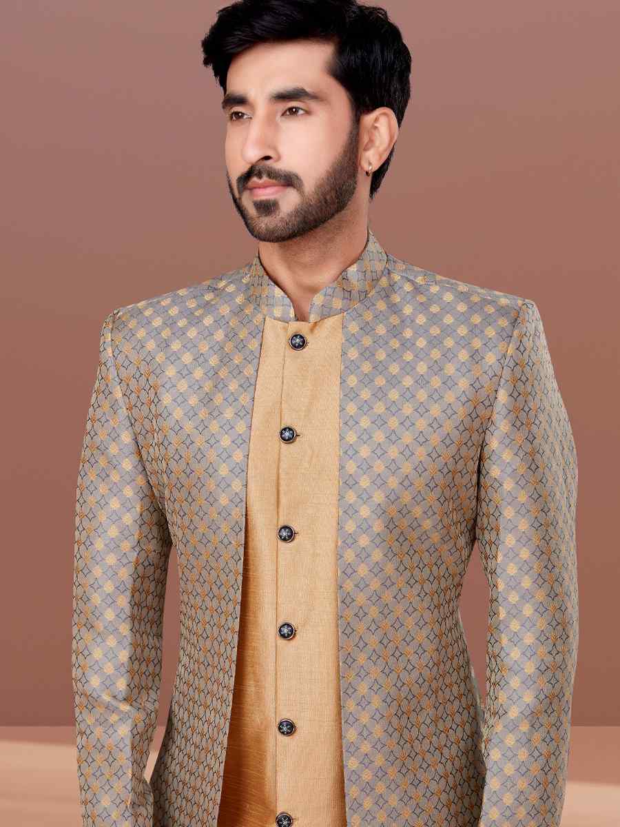 Light Pista Soft Jacquard Dupion Woven Festival Wedding Sherwani