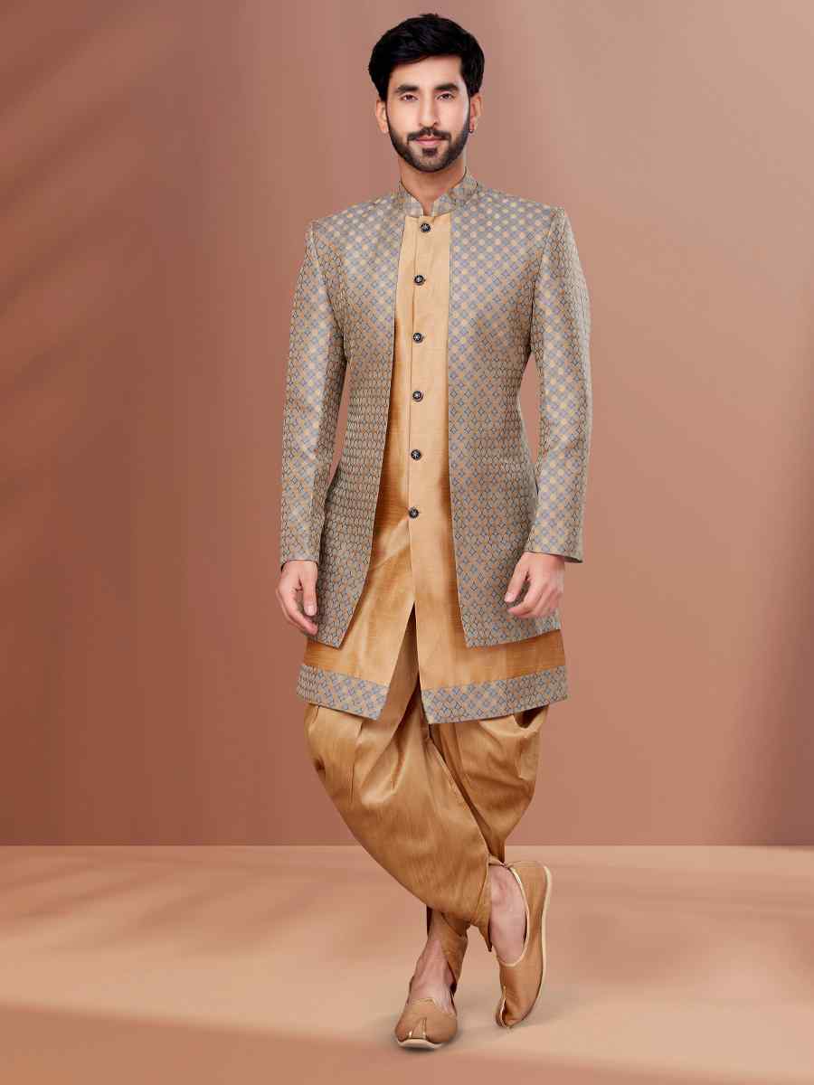 Light Pista Soft Jacquard Dupion Woven Festival Wedding Sherwani