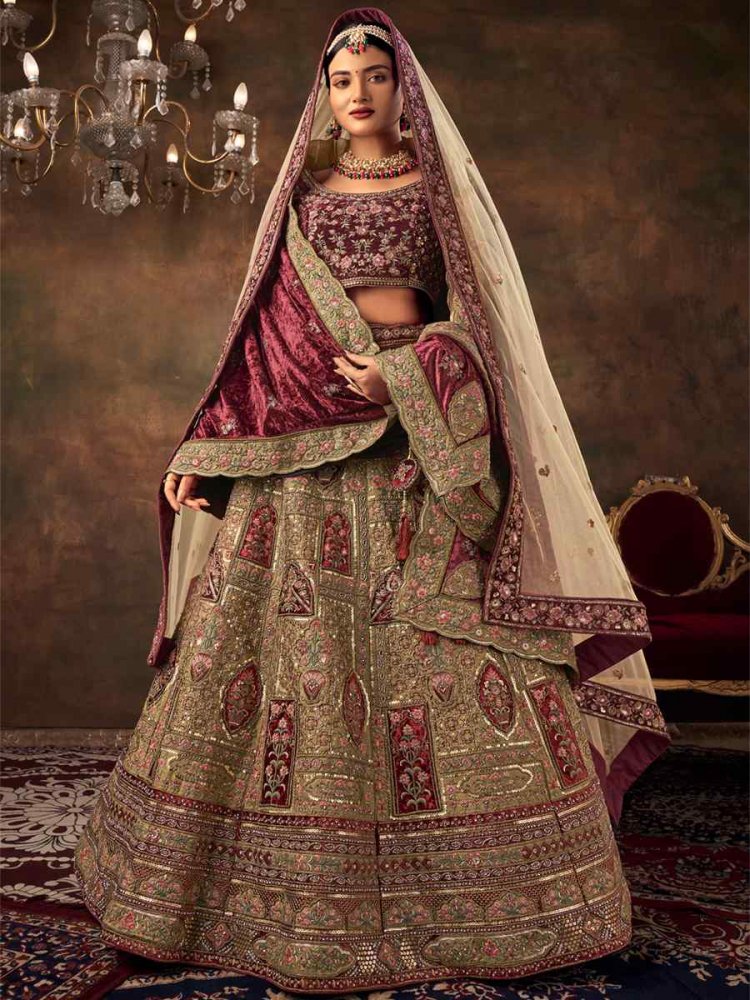 Light Pista Velvet Embroidered Bridal Wedding Heavy Border Lehenga Choli