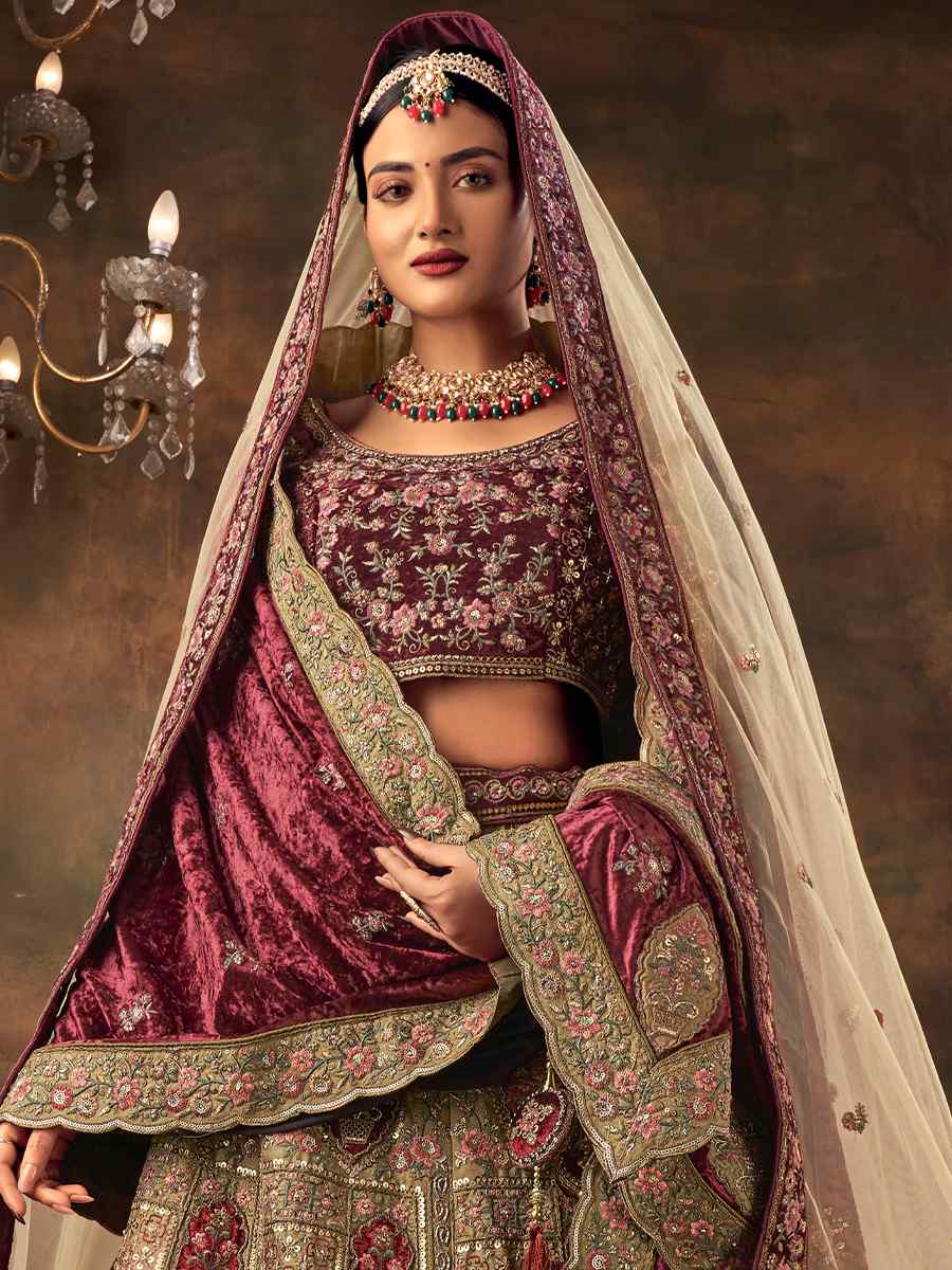 Light Pista Velvet Embroidered Bridal Wedding Heavy Border Lehenga Choli