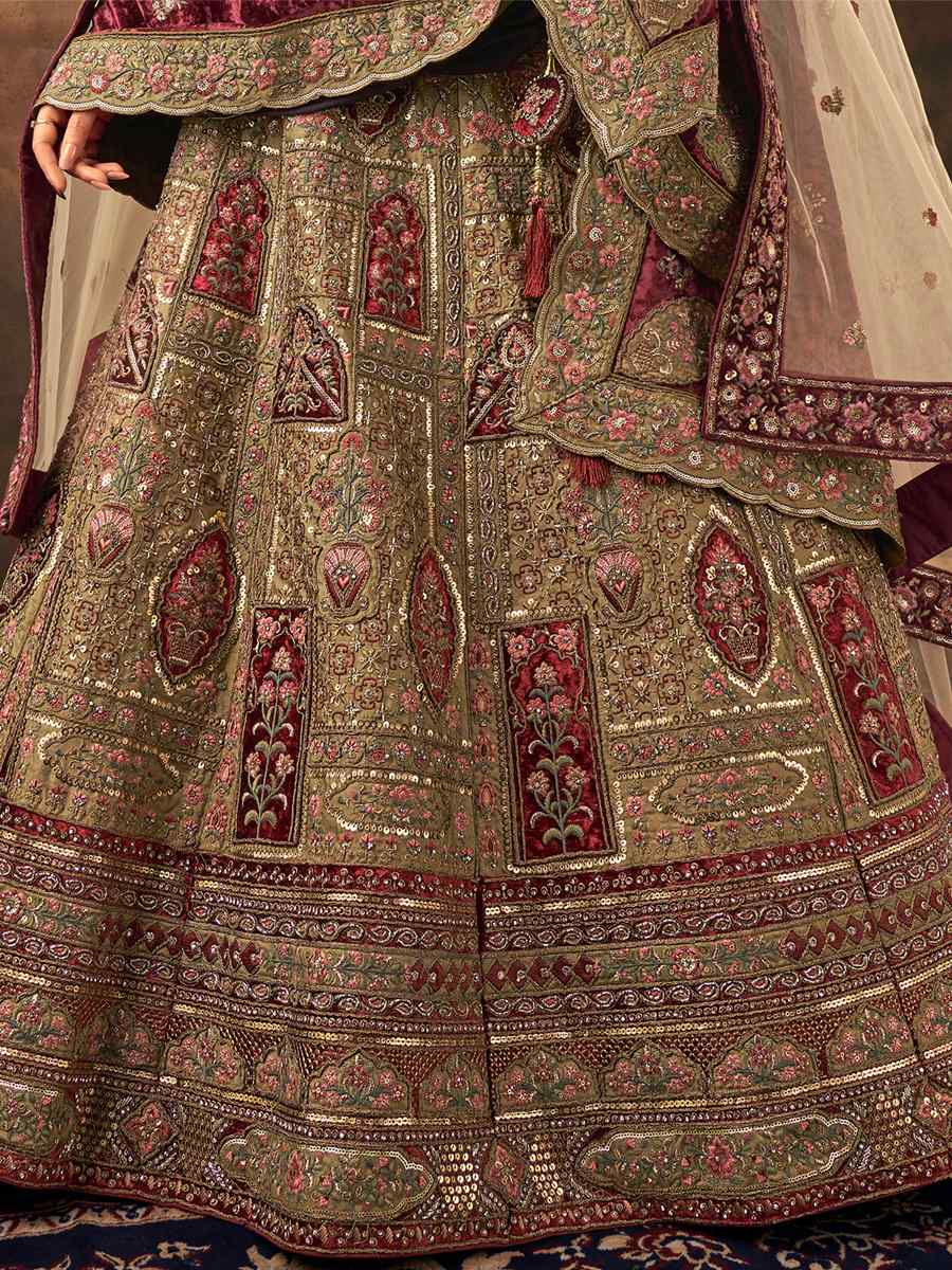 Light Pista Velvet Embroidered Bridal Wedding Heavy Border Lehenga Choli