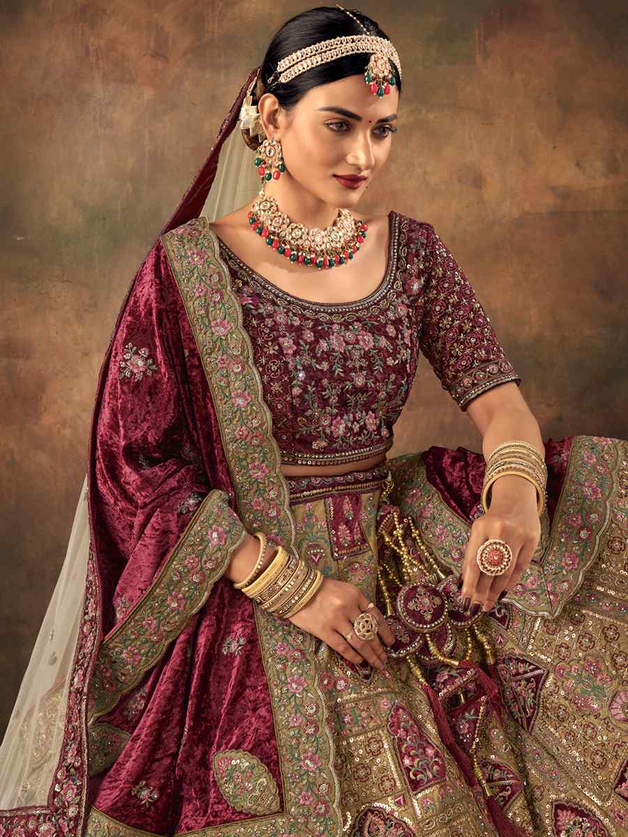 Light Pista Velvet Embroidered Bridal Wedding Heavy Border Lehenga Choli