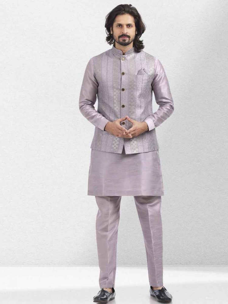 Light Purple Art Banarasi Silk Woven Festival Wedding Kurta