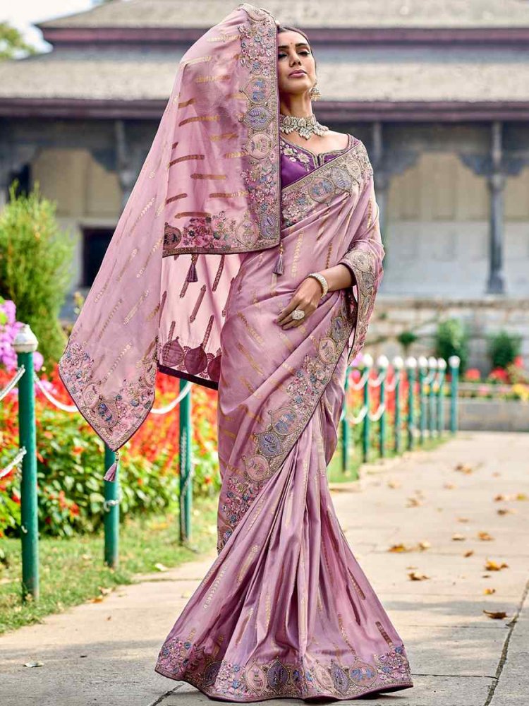 Light Purple Banarasi Silk Embroidered Wedding Festival Heavy Border Saree