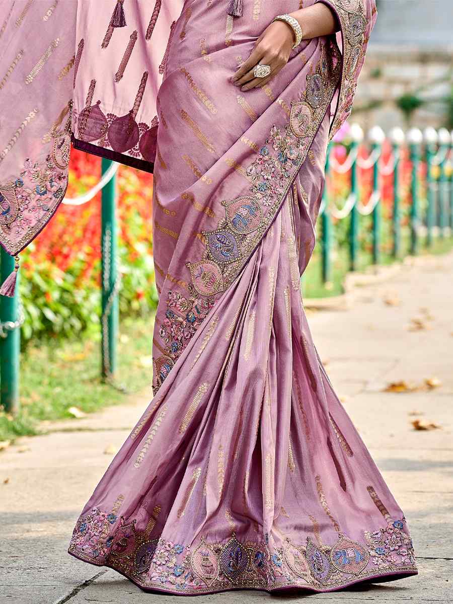 Light Purple Banarasi Silk Embroidered Wedding Festival Heavy Border Saree