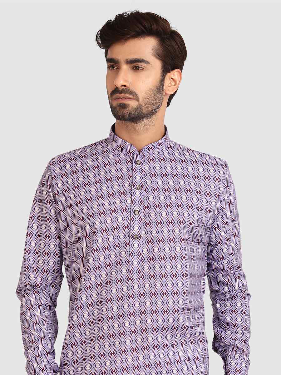 Light Purple Cotton Printed Festival Casual Kurta