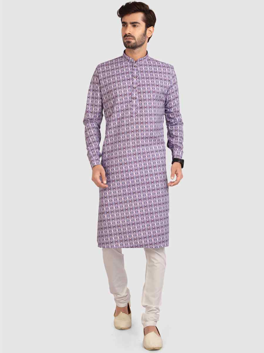 Light Purple Cotton Printed Festival Casual Kurta