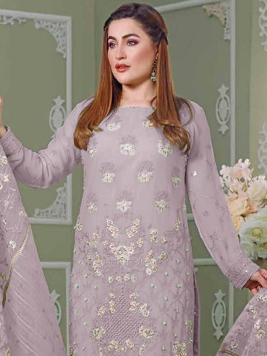 light Purple Faux Georgette Embroidered Festival Wedding Pant Salwar Kameez
