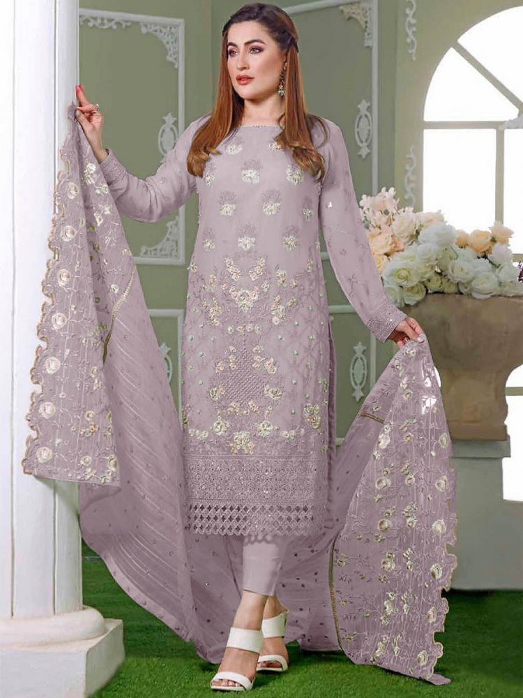 light Purple Faux Georgette Embroidered Festival Wedding Pant Salwar Kameez