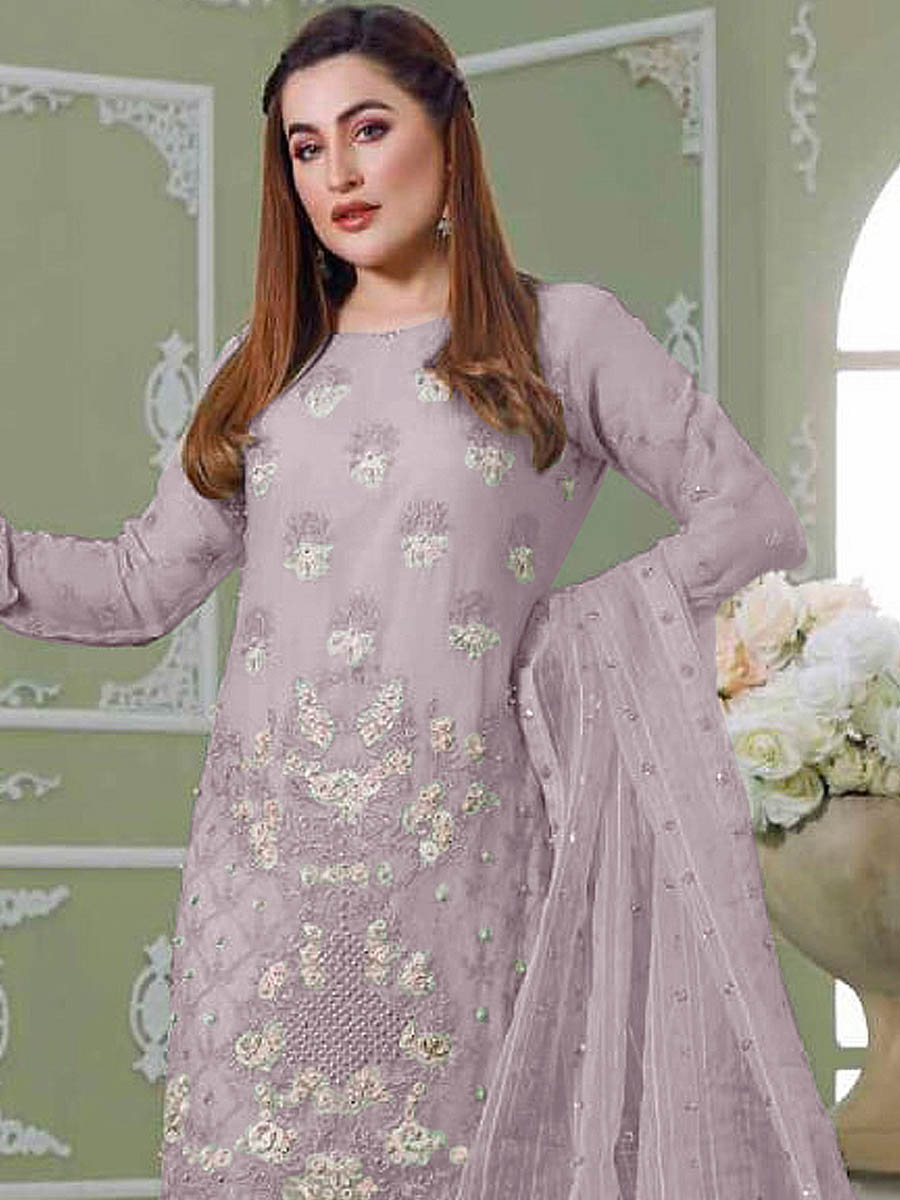 light Purple Faux Georgette Embroidered Festival Wedding Pant Salwar Kameez