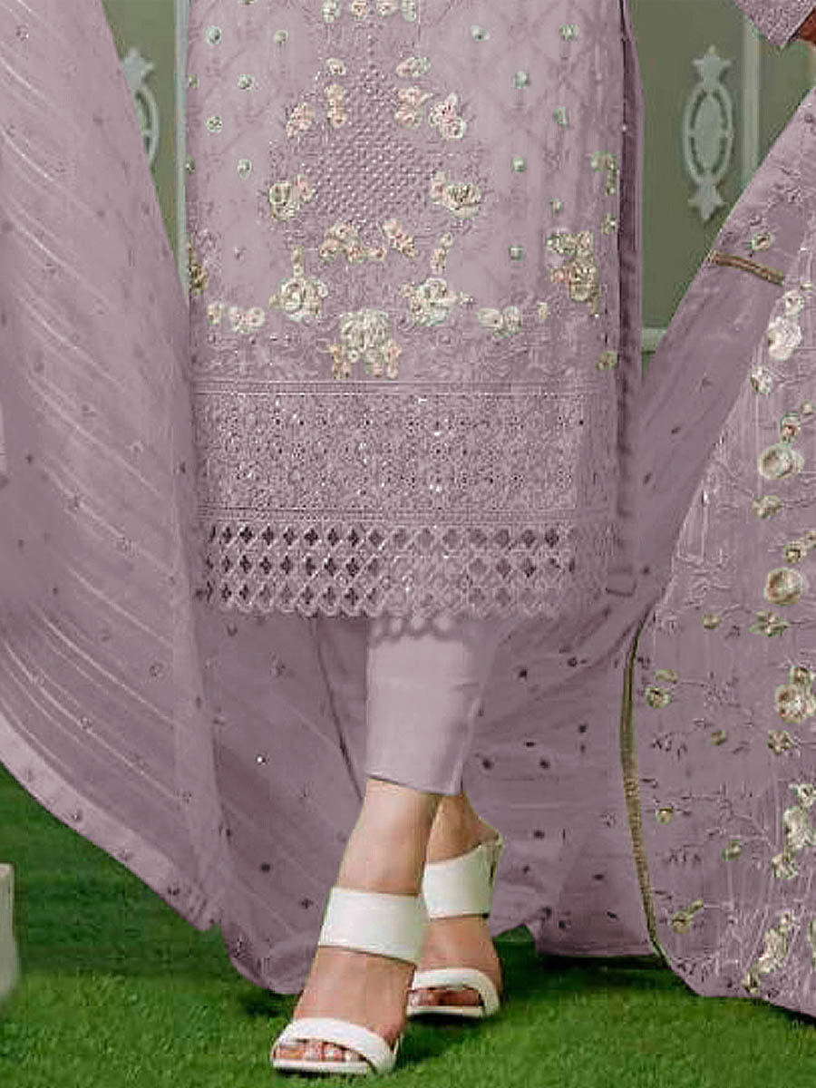 light Purple Faux Georgette Embroidered Festival Wedding Pant Salwar Kameez