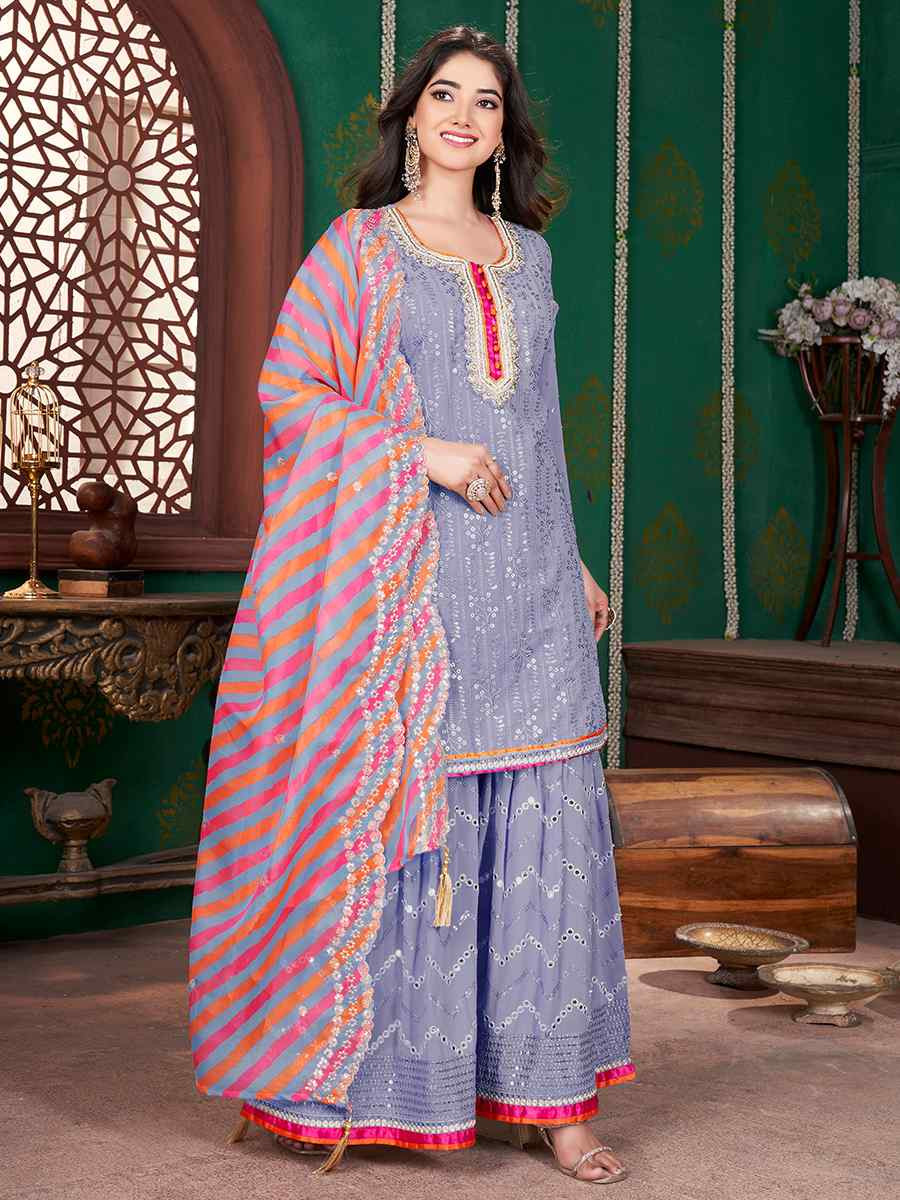 Light Purple Georgette Embroidered Party Casual Ready Sharara Pant Salwar Kameez