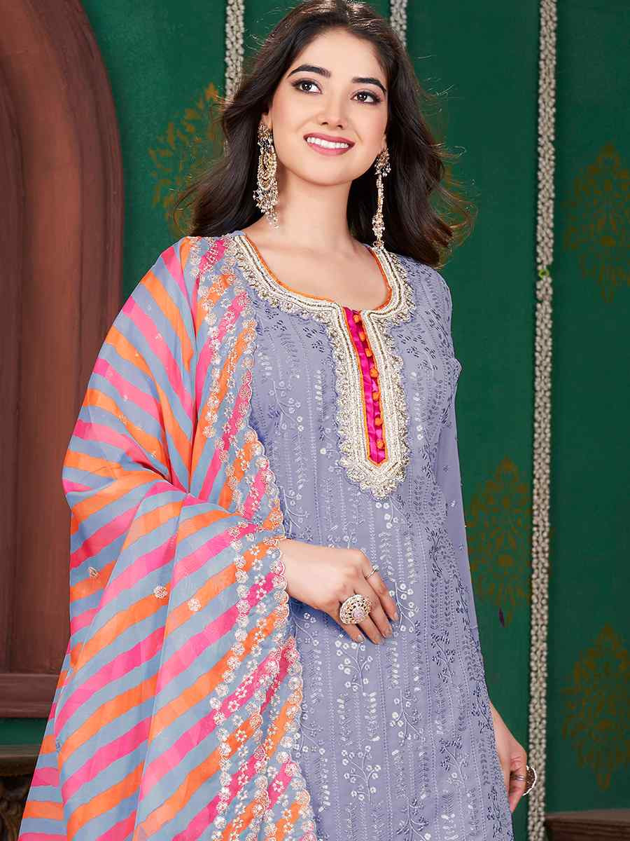 Light Purple Georgette Embroidered Party Casual Ready Sharara Pant Salwar Kameez