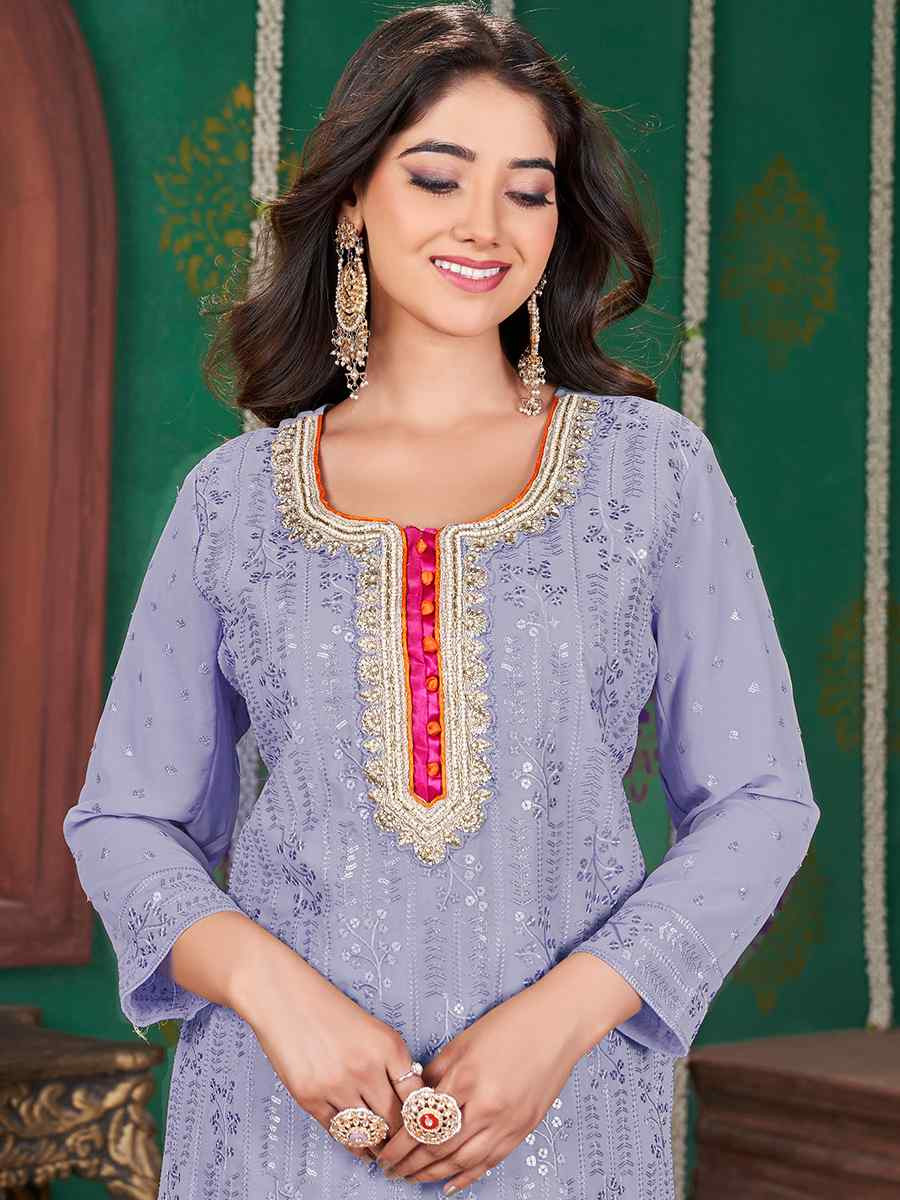 Light Purple Georgette Embroidered Party Casual Ready Sharara Pant Salwar Kameez