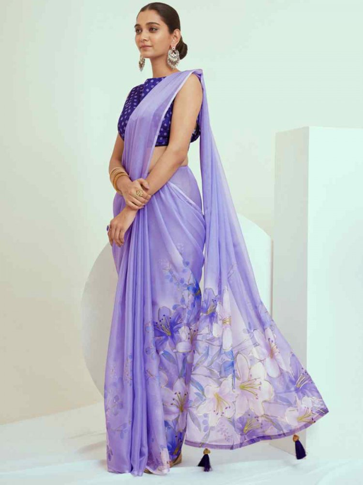 Light Purple Georgette Printed Casual Festival Contemporary Saree