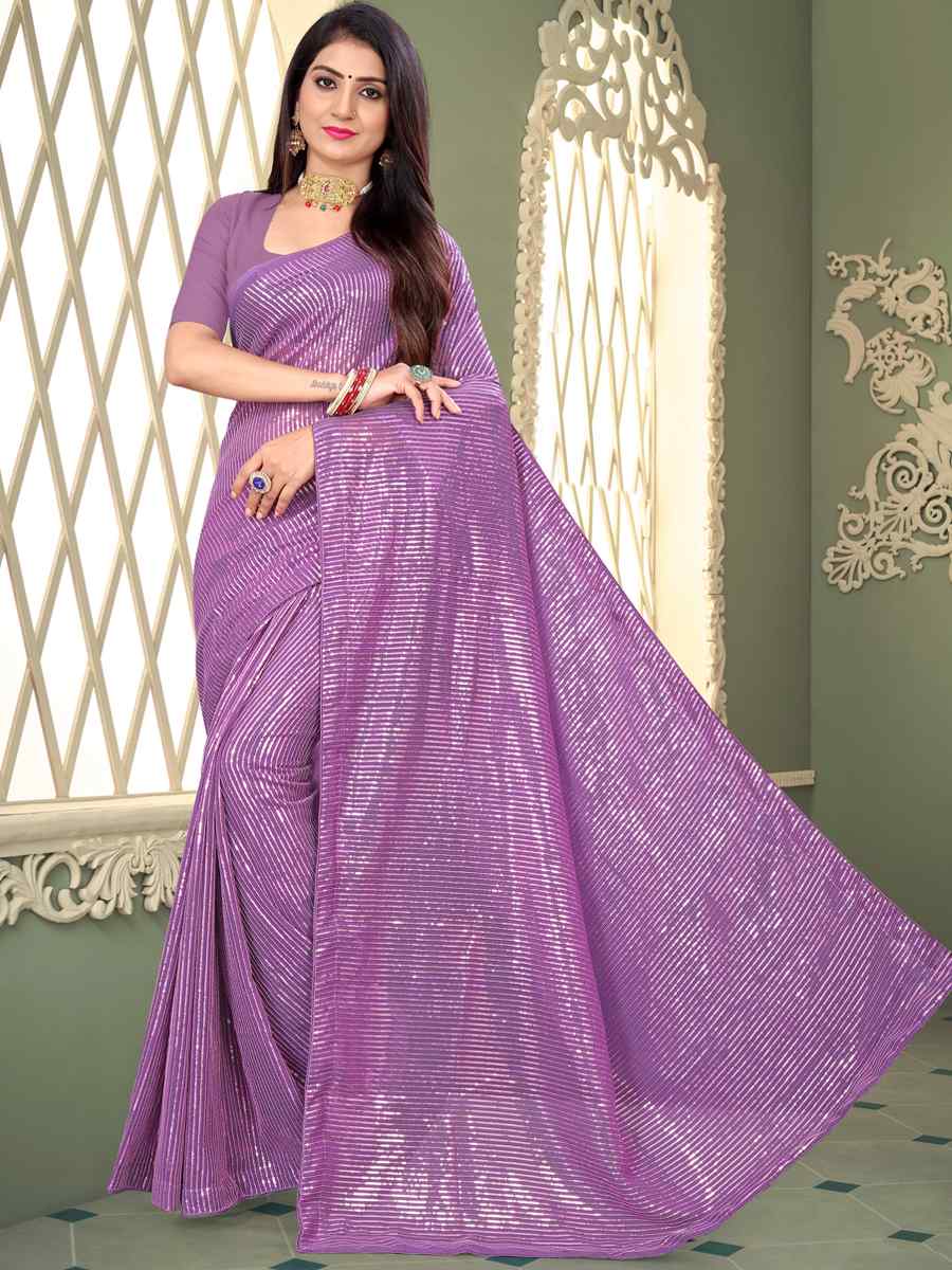 Light Purple Georgette Sequins Party Festival Classic Style Saree