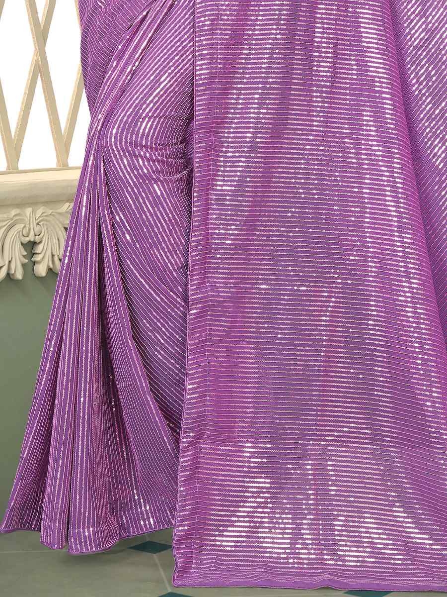 Light Purple Georgette Sequins Party Festival Classic Style Saree