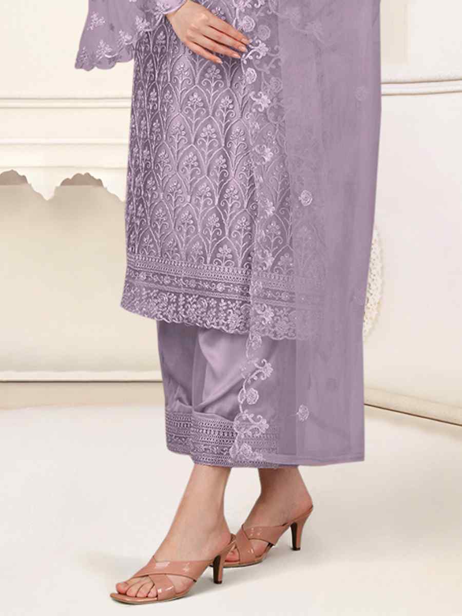 Light Purple Heavy Butterfly Net Embroidered Festival Party Pant Salwar Kameez