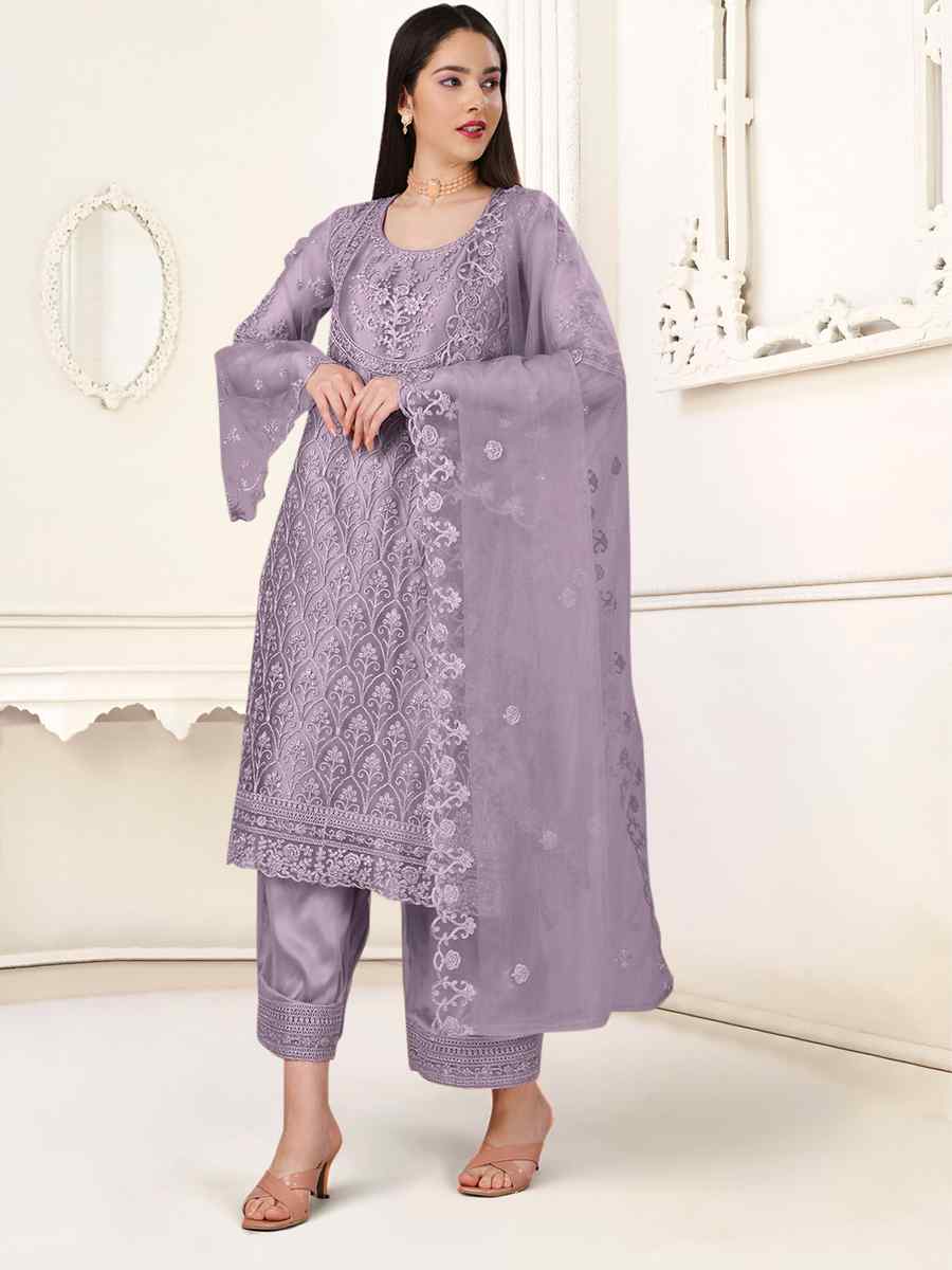 Light Purple Heavy Butterfly Net Embroidered Festival Party Pant Salwar Kameez
