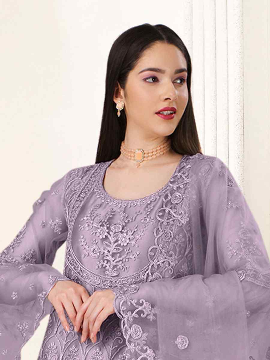 Light Purple Heavy Butterfly Net Embroidered Festival Party Pant Salwar Kameez