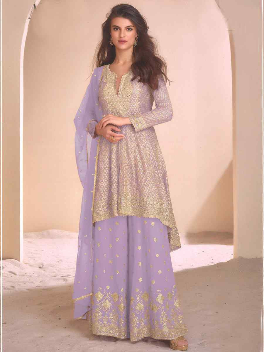 Light Purple Heavy Fox Georgette Embroidered Party Wedding Ready Palazzo Pant Salwar Kameez