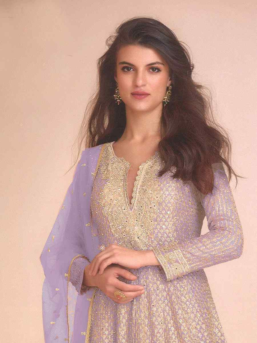 Light Purple Heavy Fox Georgette Embroidered Party Wedding Ready Palazzo Pant Salwar Kameez