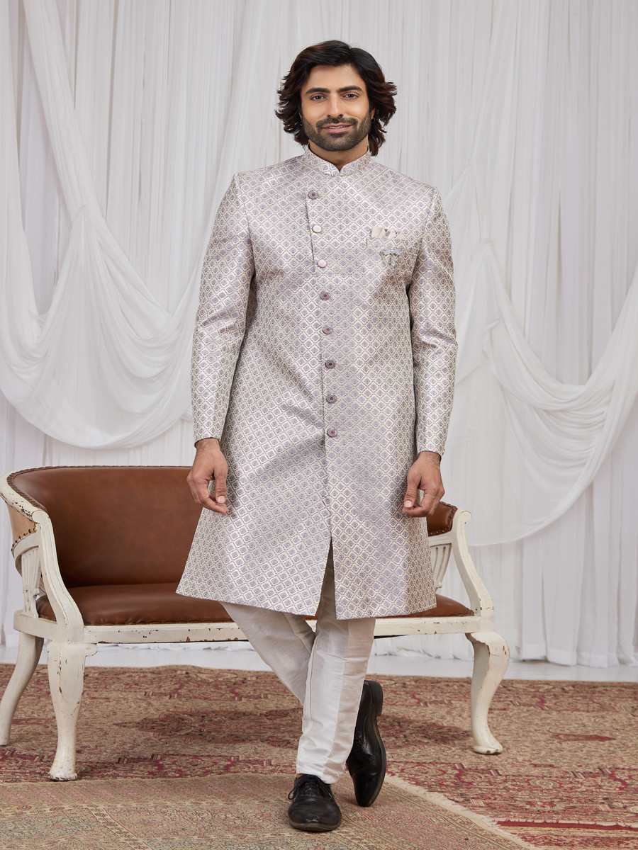 Light purple Jaquard fabric Embroidery Wedding Party Festival Groom Sherwani
