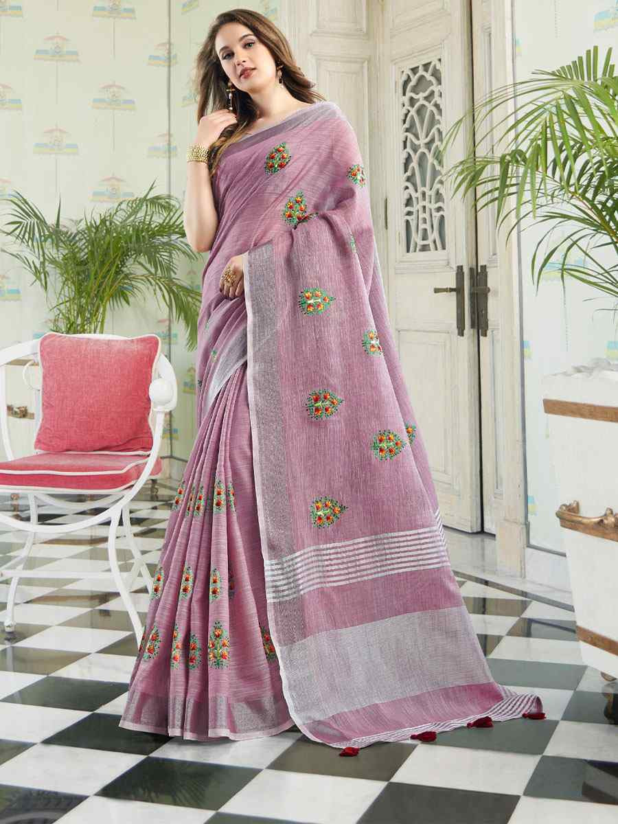Light Purple Linen Embroidery Casual Traditional Reception Festival Fancy Classic Style Sarees