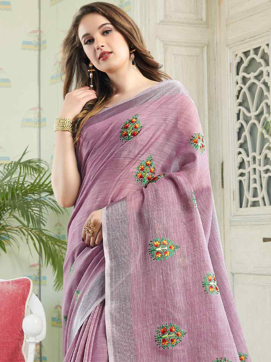 Light Purple Linen Embroidery Casual Traditional Reception Festival Fancy Classic Style Sarees
