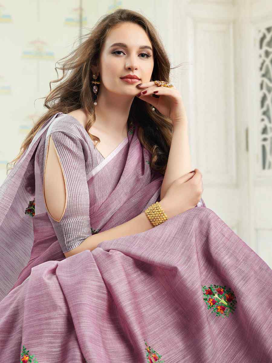 Light Purple Linen Embroidery Casual Traditional Reception Festival Fancy Classic Style Sarees