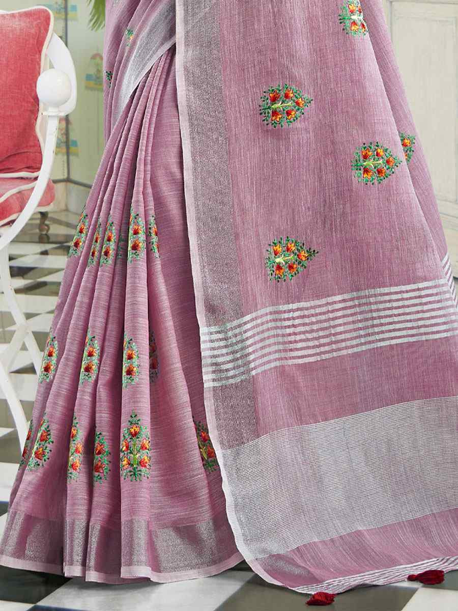Light Purple Linen Embroidery Casual Traditional Reception Festival Fancy Classic Style Sarees