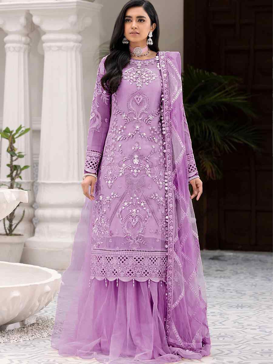 Light Purple Net Embroidered Festival Sharara Pant Salwar Kameez