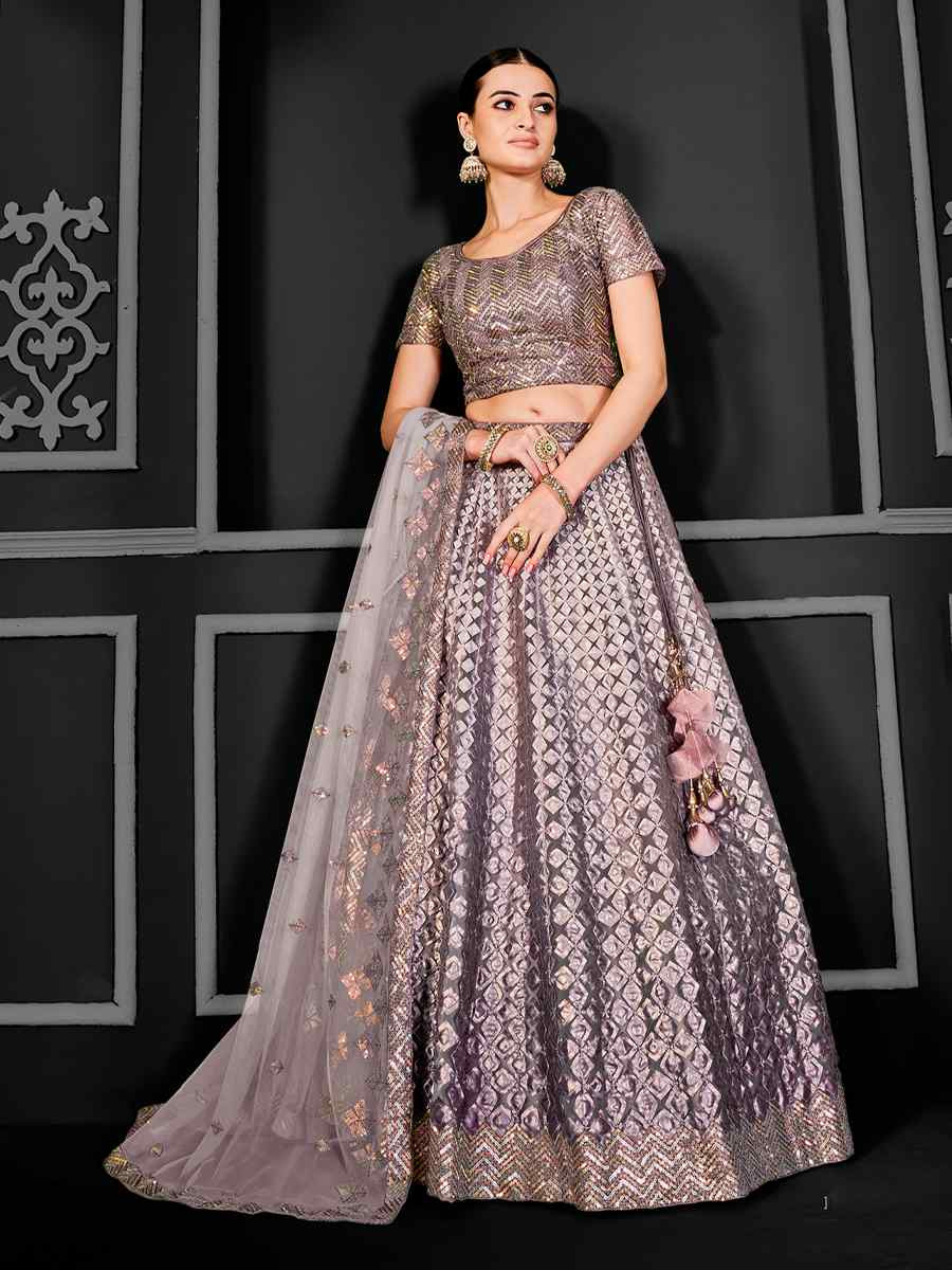 Light Purple Net Embroidered Festival Wedding Ceremony Circular Lehenga Choli